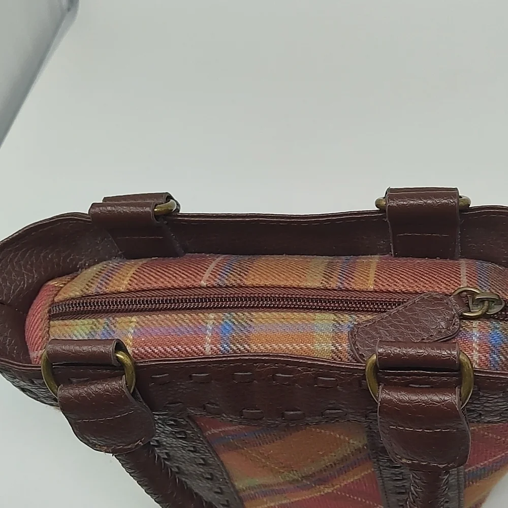 Leather and Fabric Plaid Bucket Bag - Picture 5 of 8